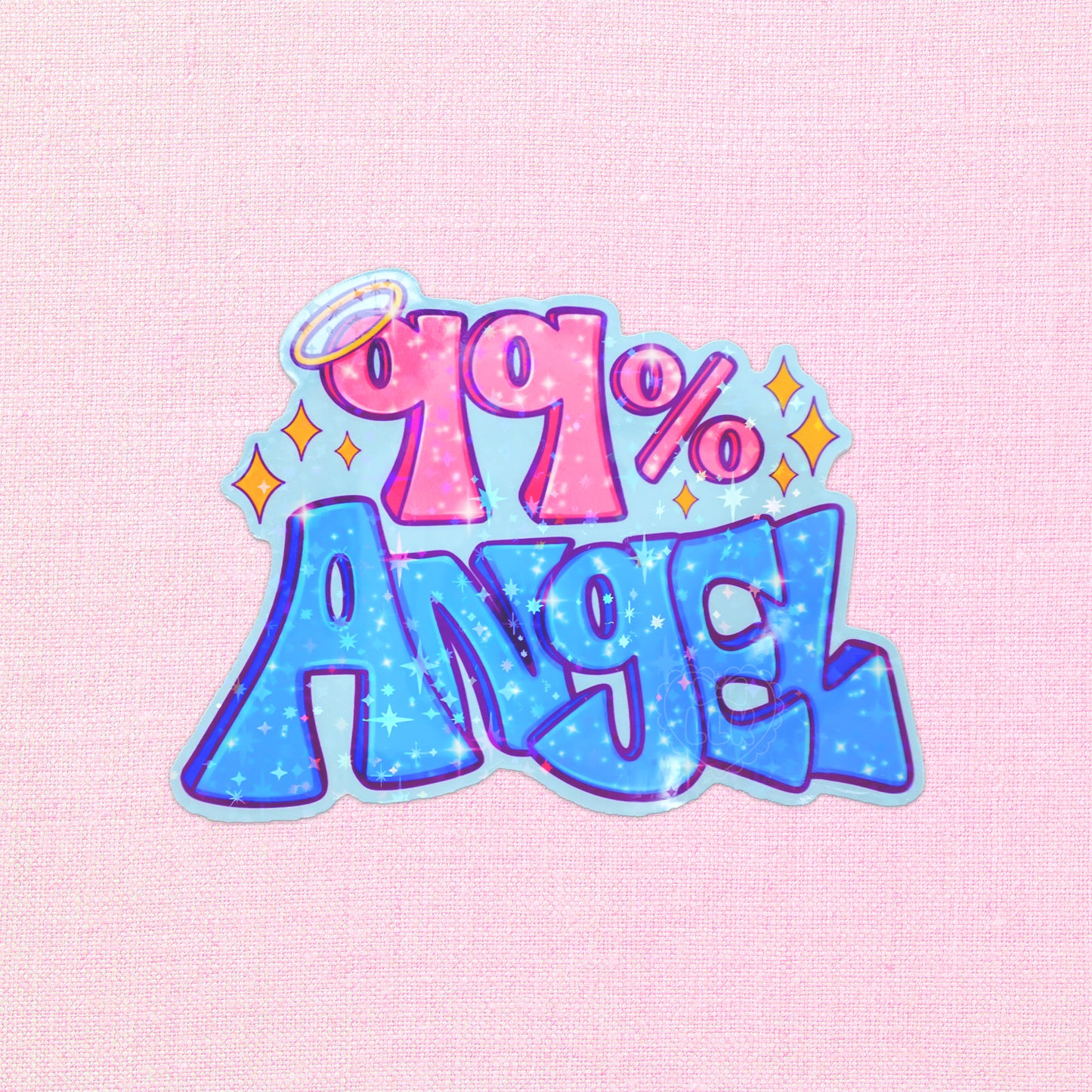 Holographic 99% Angel vinyl sticker with Y2K and 2000s aesthetic, waterproof for laptops, water bottles, journals, and planners.