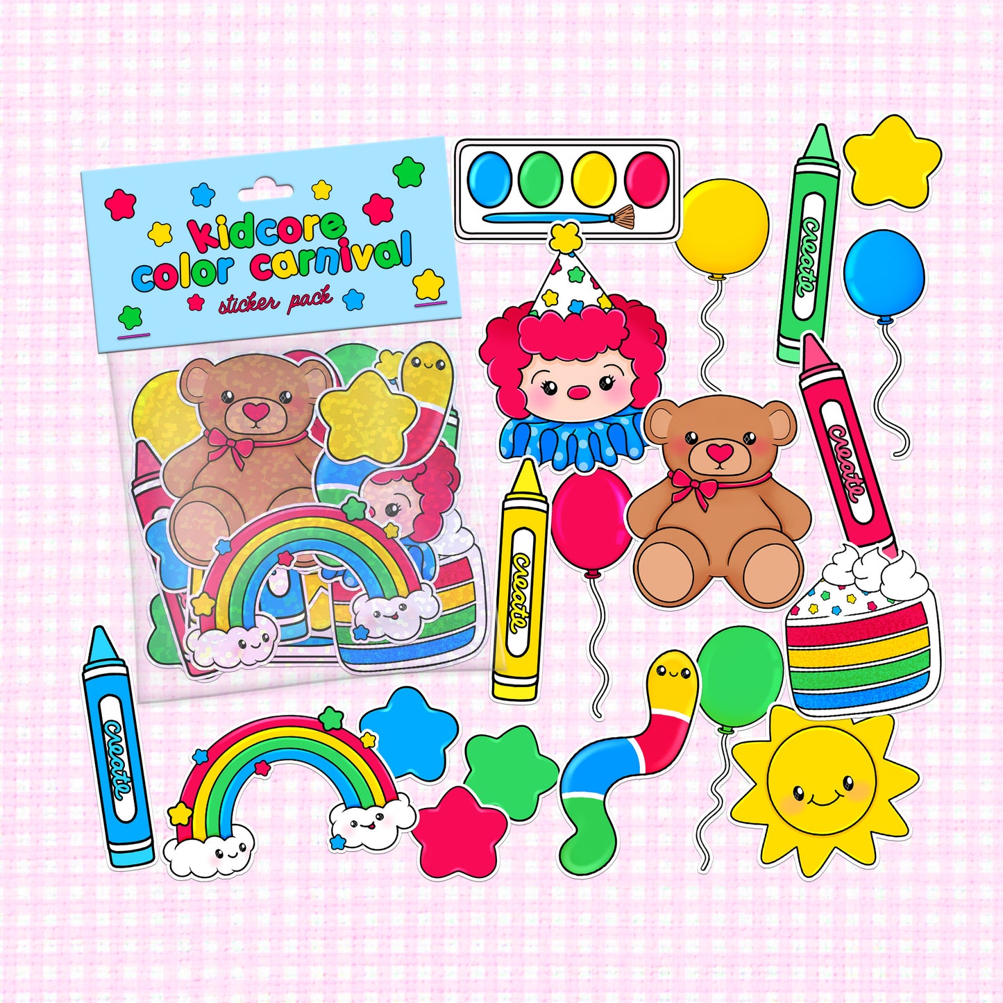 Colorful kidcore-themed vinyl sticker pack with bright balloons, crayons, and cute teddy bears.