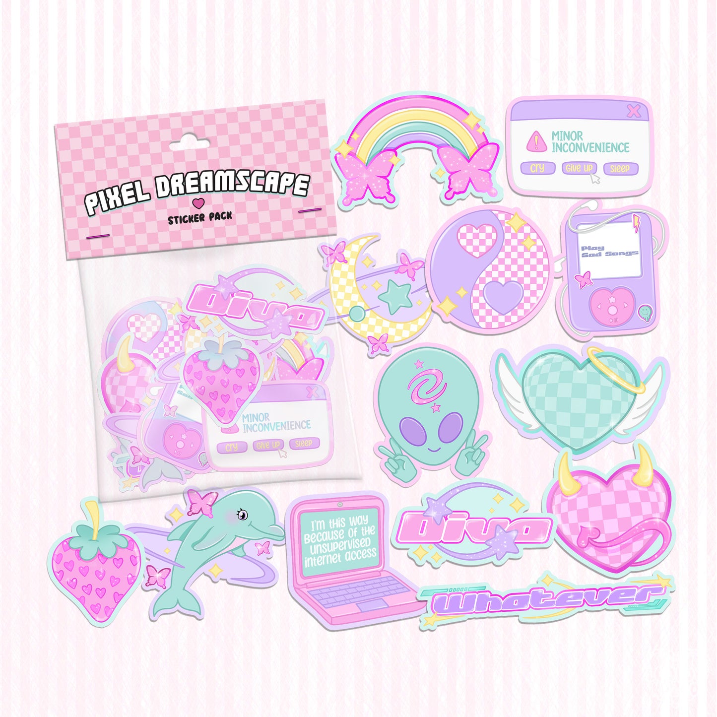 Retro-themed vinyl sticker pack with pixel art designs including vintage tech elements and cute characters.