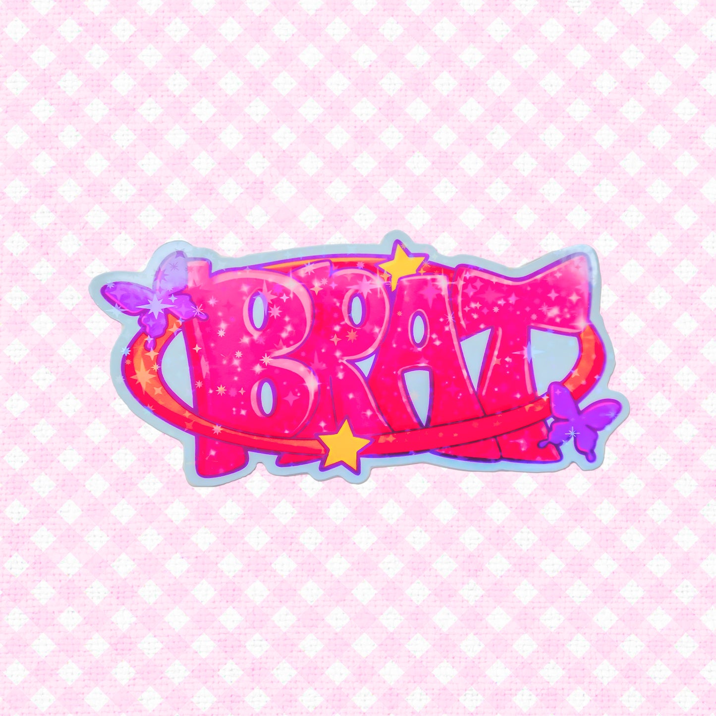 Bright pink holographic vinyl sticker spelling 'Brat' with decorative butterfly accents, ideal for adding a playful and bold touch to personal belongings.
