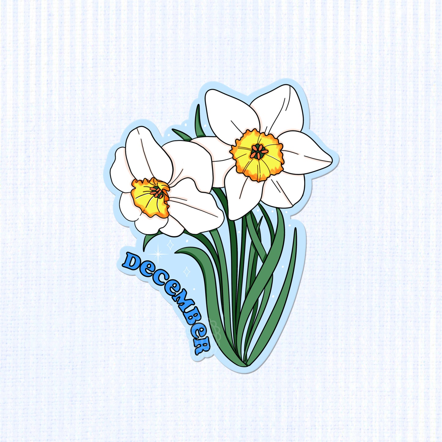 December Narcissus birth month flower vinyl sticker in matte finish with white and yellow flowers.
