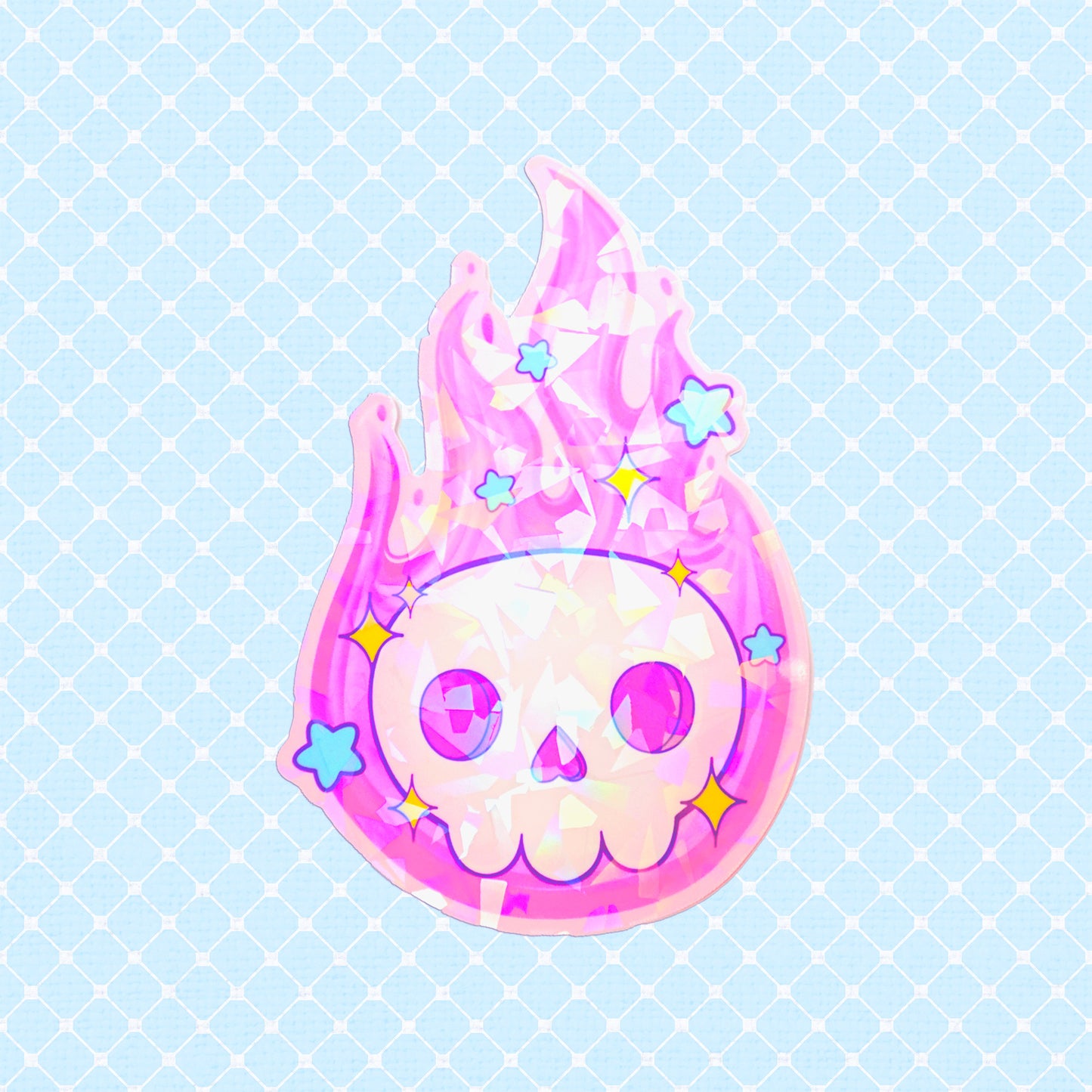 Colorful vinyl skull sticker engulfed in pink and orange flames with star embellishments.