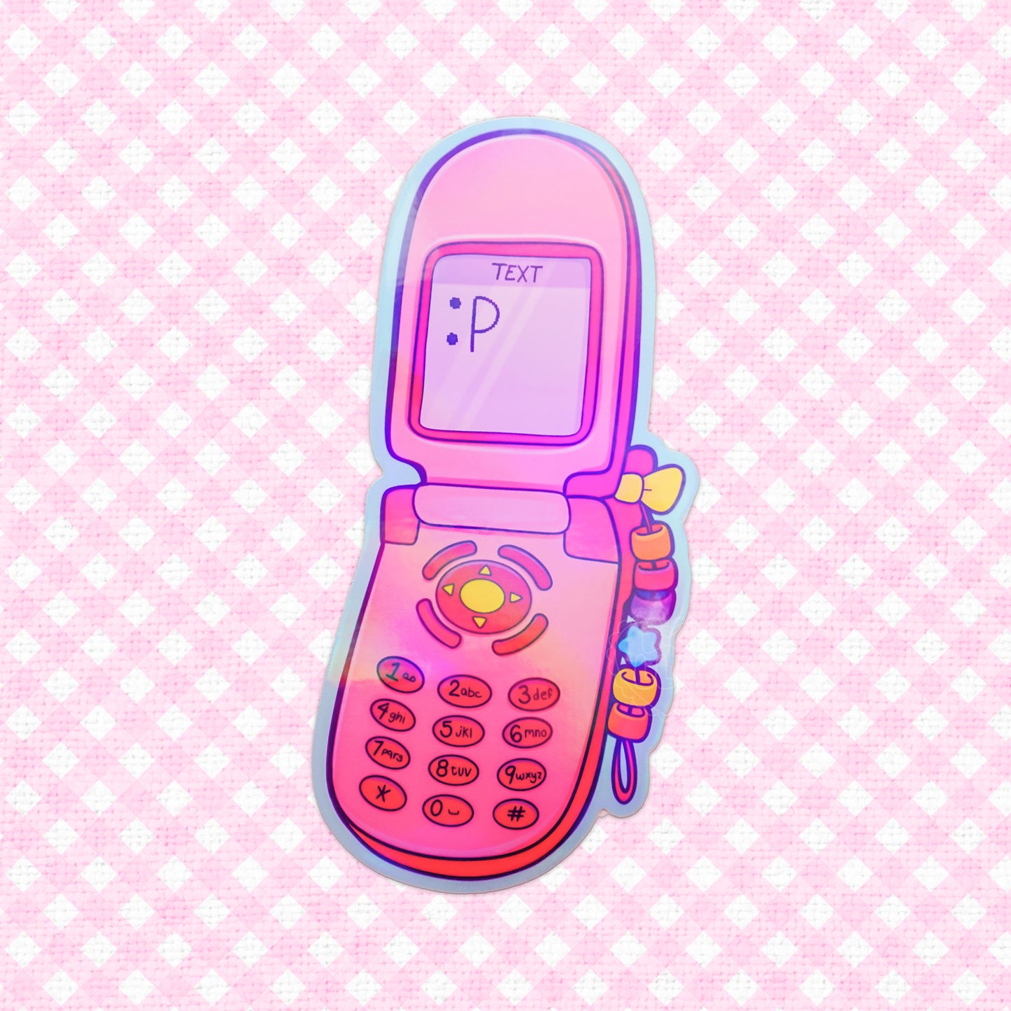 Retro vinyl flip phone sticker in pink with a cute charm, reminiscent of early 2000s mobile phones.