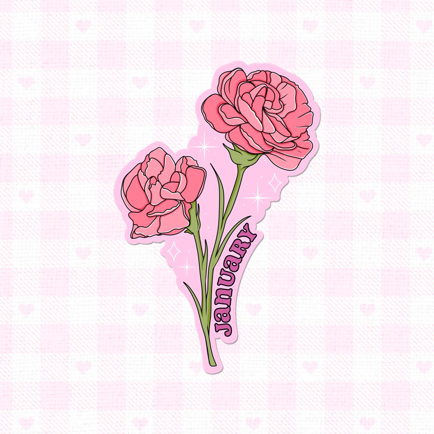 January birth month flower sticker with pink carnations and 'January' text.