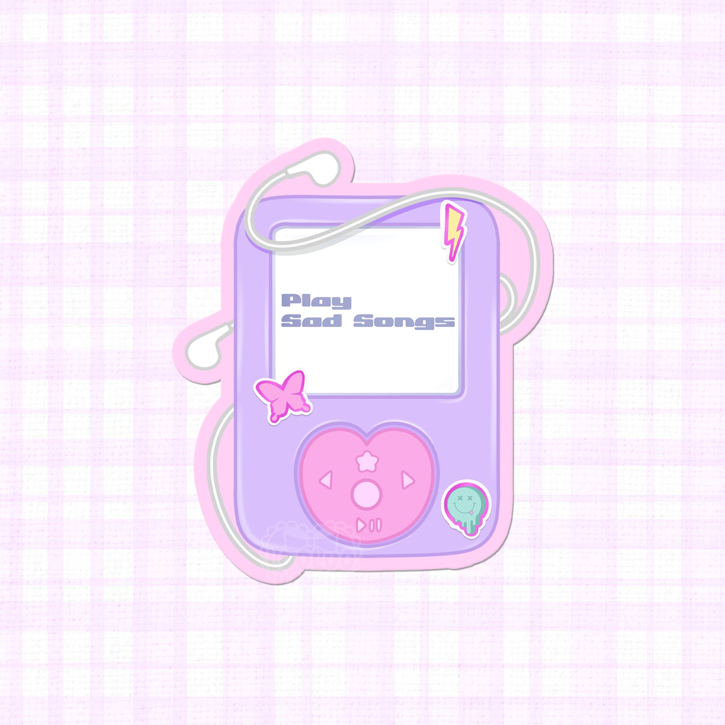 A pastel purple music player with "Play Sad Songs" text in a cute design, available as a vinyl sticker.