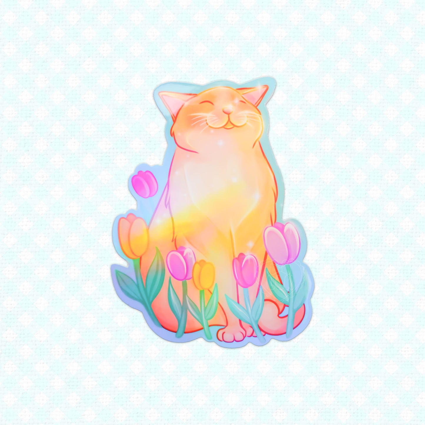 Holographic sticker of a cat surrounded by tulips under the sunlight.