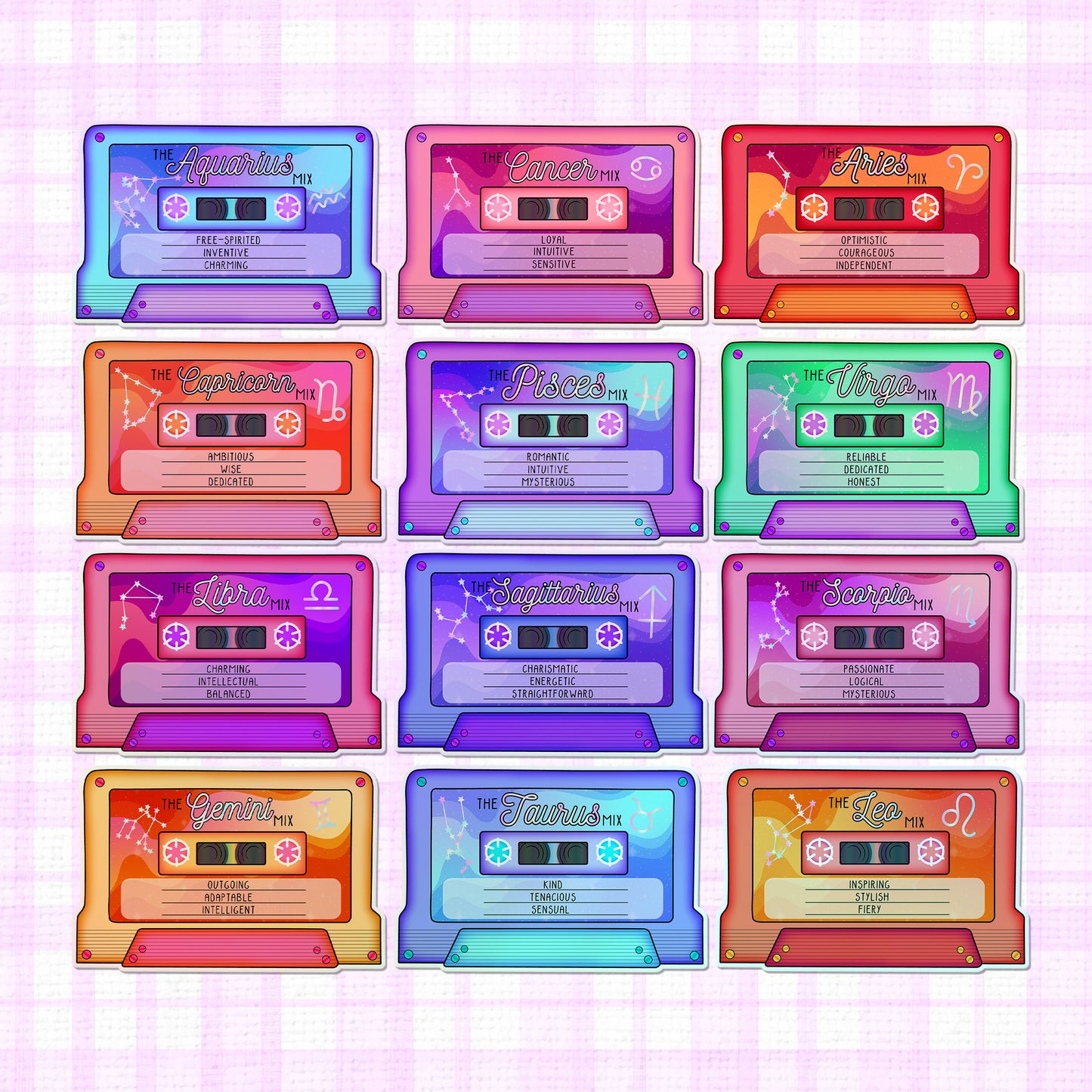 Collection of Zodiac Mixtape holographic vinyl stickers, each representing a zodiac sign with a unique color and tagline