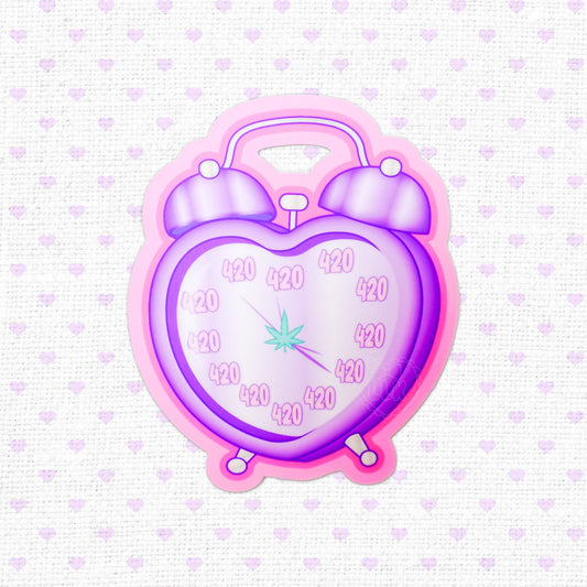 Cute 420 heart alarm clock vinyl sticker with matte finish, perfect for stoner girls' laptops, water bottles, journals, and planners