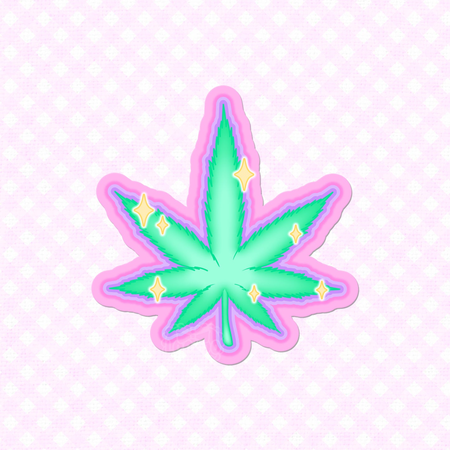 A vibrant green cannabis leaf with a pink outline and sparkles, available as a vinyl sticker in matte or holographic finish