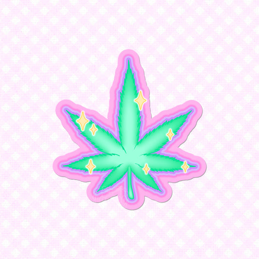 A vibrant green cannabis leaf with a pink outline and sparkles, available as a vinyl sticker in matte or holographic finish