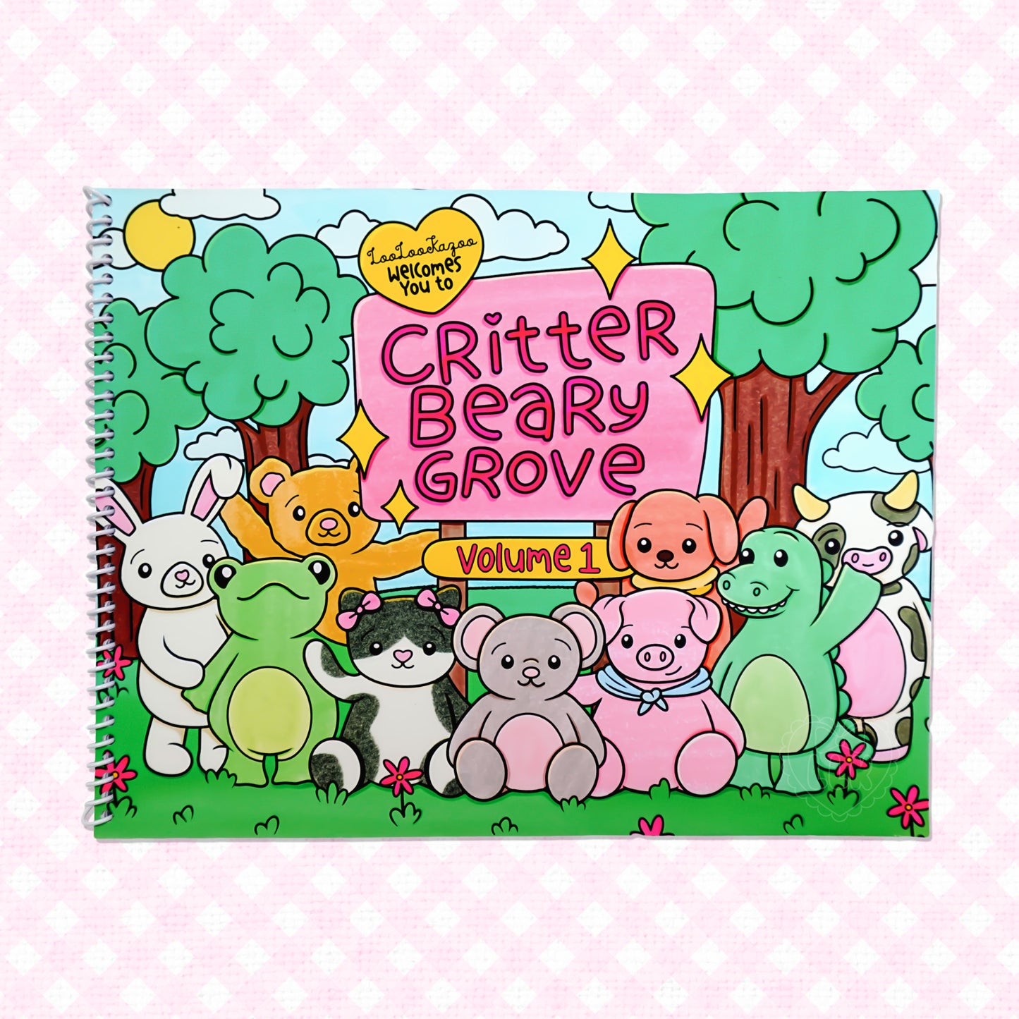 Front cover of the 'Critter Beary Grove: Volume 1' coloring book, featuring a colorful illustration of adorable animals, including a bunny, frog, bear, pig, dinosaur, and more, set in a whimsical forest with vibrant trees and flowers.