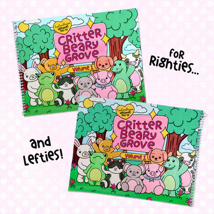 Two versions of the 'Critter Beary Grove: Volume 1' coloring book displayed for right-handed and left-handed users, with a bright and cheerful forest scene on the cover and a variety of cute animals.