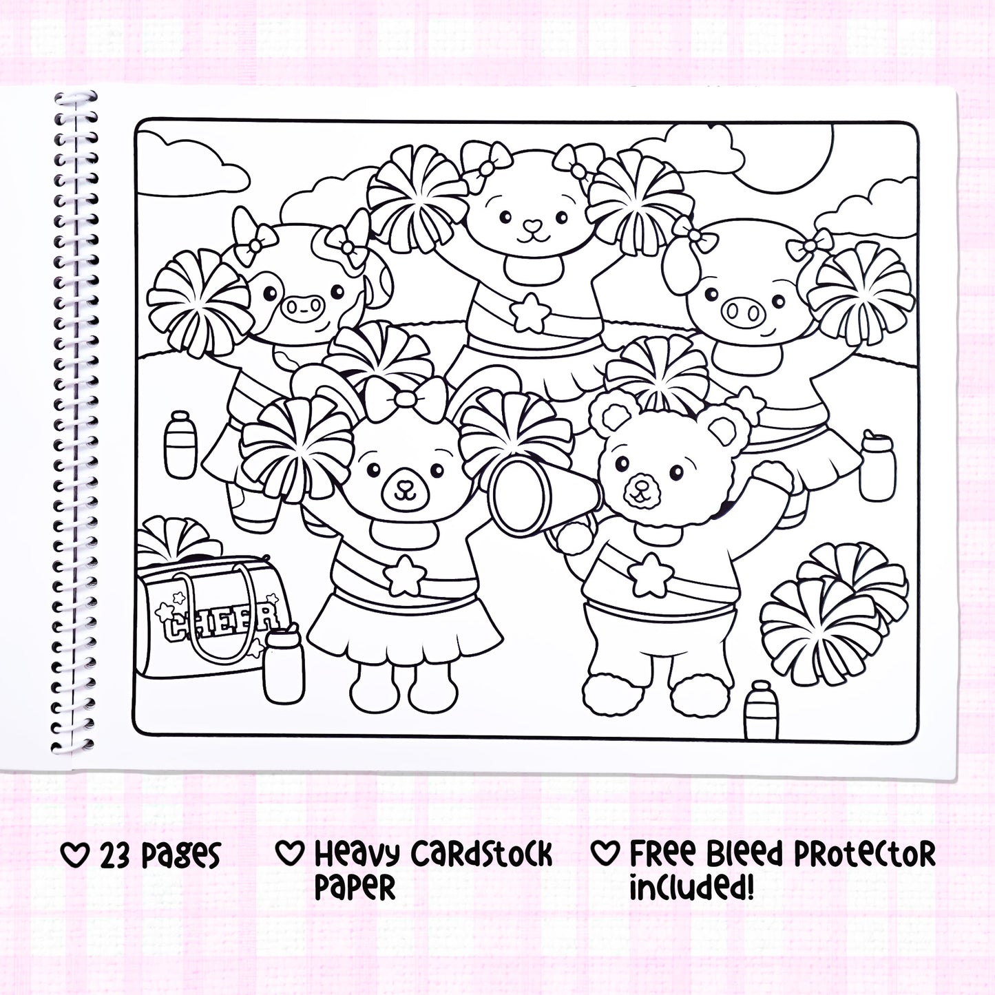 Inside page of the 'Critter Beary Grove: Volume 1' coloring book, showcasing a detailed illustration of adorable animal cheerleaders holding pom-poms, with bold outlines and creative details for coloring fun.