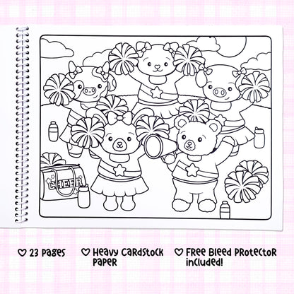 Inside page of the 'Critter Beary Grove: Volume 1' coloring book, showcasing a detailed illustration of adorable animal cheerleaders holding pom-poms, with bold outlines and creative details for coloring fun.