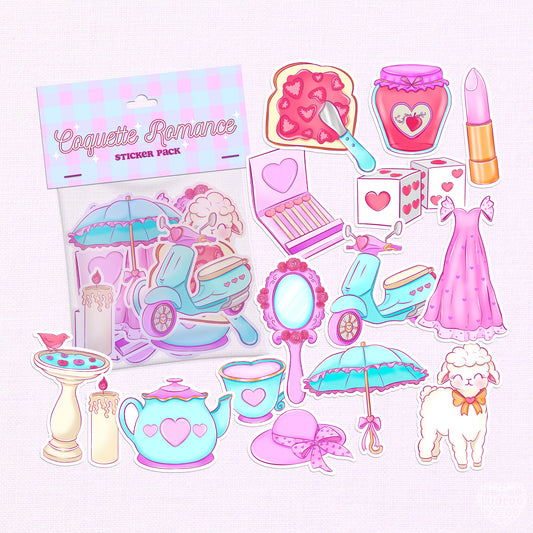 Romantic, vintage-themed vinyl sticker pack with pastel colors featuring teapots, vintage cars, and parasols.