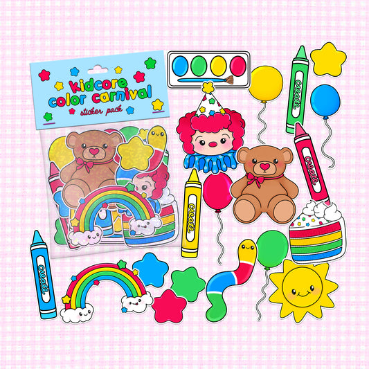 Colorful kidcore-themed vinyl sticker pack with bright balloons, crayons, and cute teddy bears.
