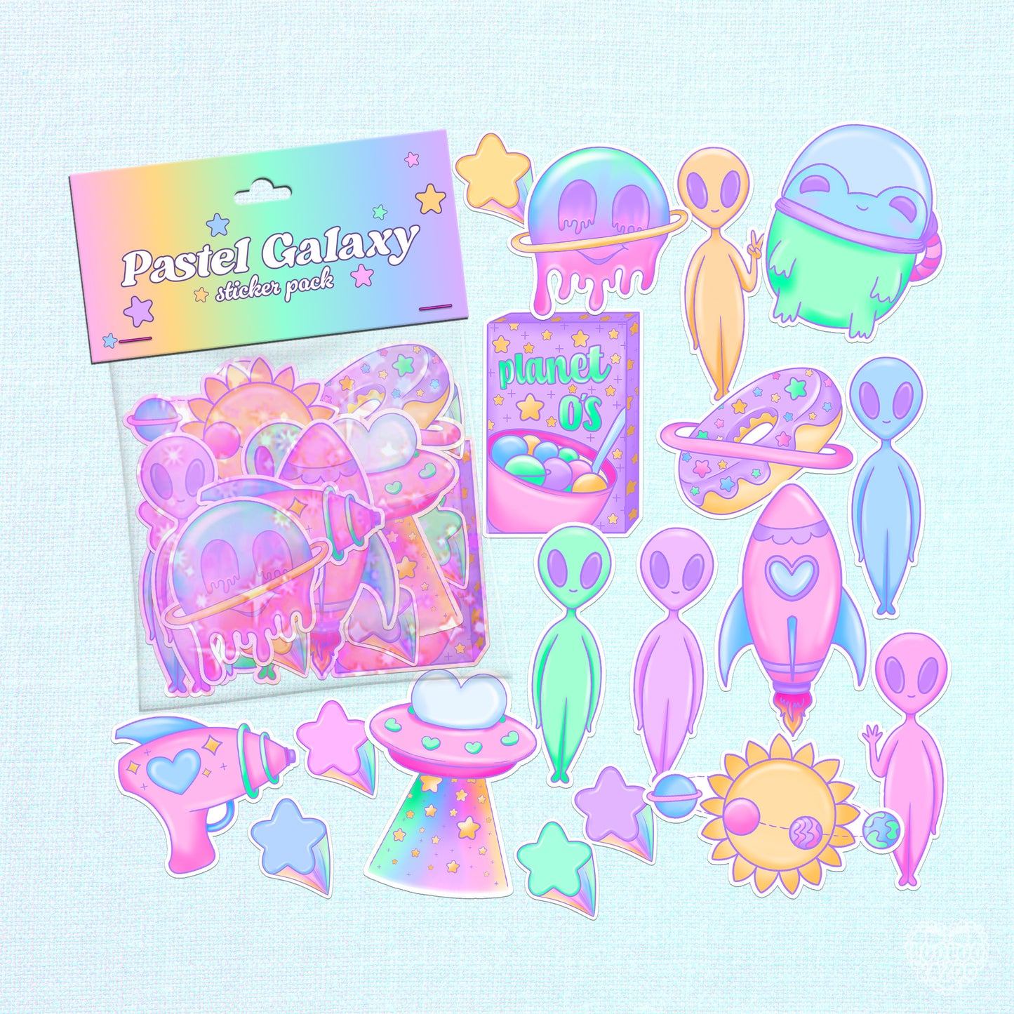 Space-themed vinyl sticker pack in pastel colors, featuring cute aliens, planets, and stars.
