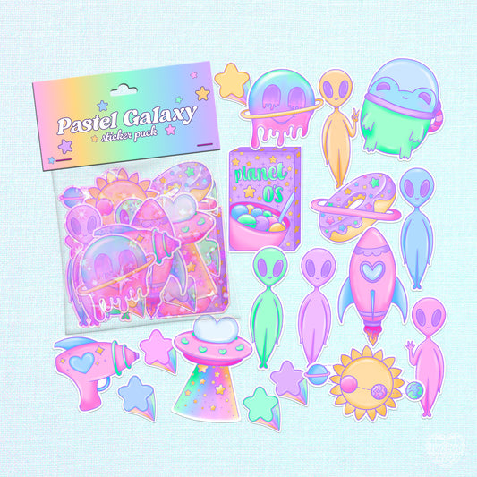 Space-themed vinyl sticker pack in pastel colors, featuring cute aliens, planets, and stars.
