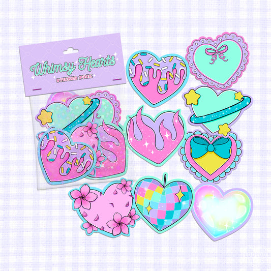 Vinyl stickers of various heart designs with whimsical and dreamy patterns.