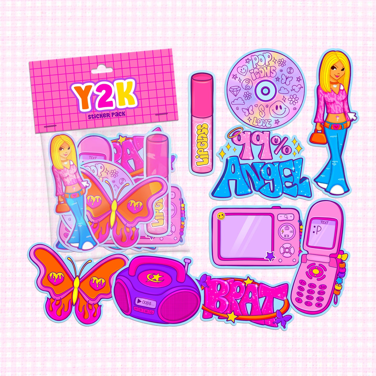 Vinyl stickers with Y2K themes including retro tech, pop icons, and funky patterns from the 2000s.