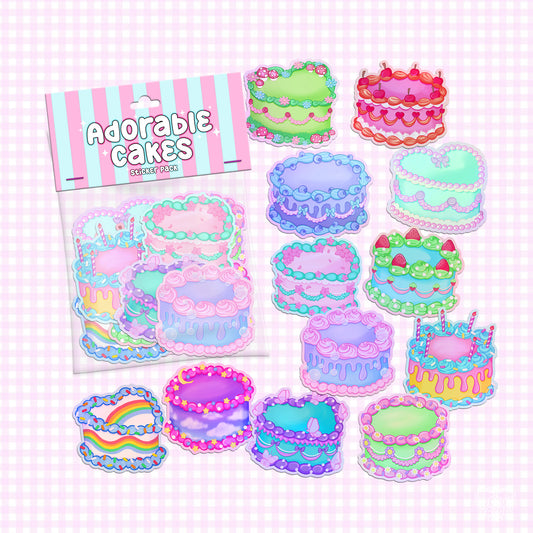 Adorable Cakes vinyl sticker pack featuring pastel cakes with whimsical designs.