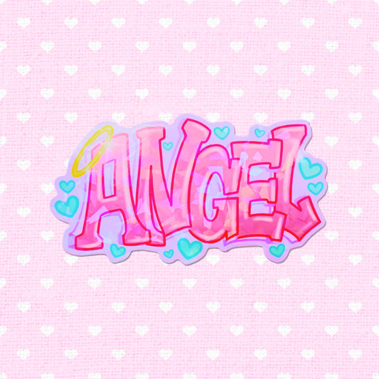 Holographic 'Angel' vinyl sticker with hearts and a halo in a vibrant graffiti style, shimmering with iridescence, ideal for decorating laptops and water bottles.