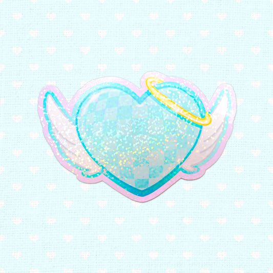 Sparkling holographic vinyl sticker of an angel heart with wings and a halo, perfect for adding a whimsical, loving touch to any surface