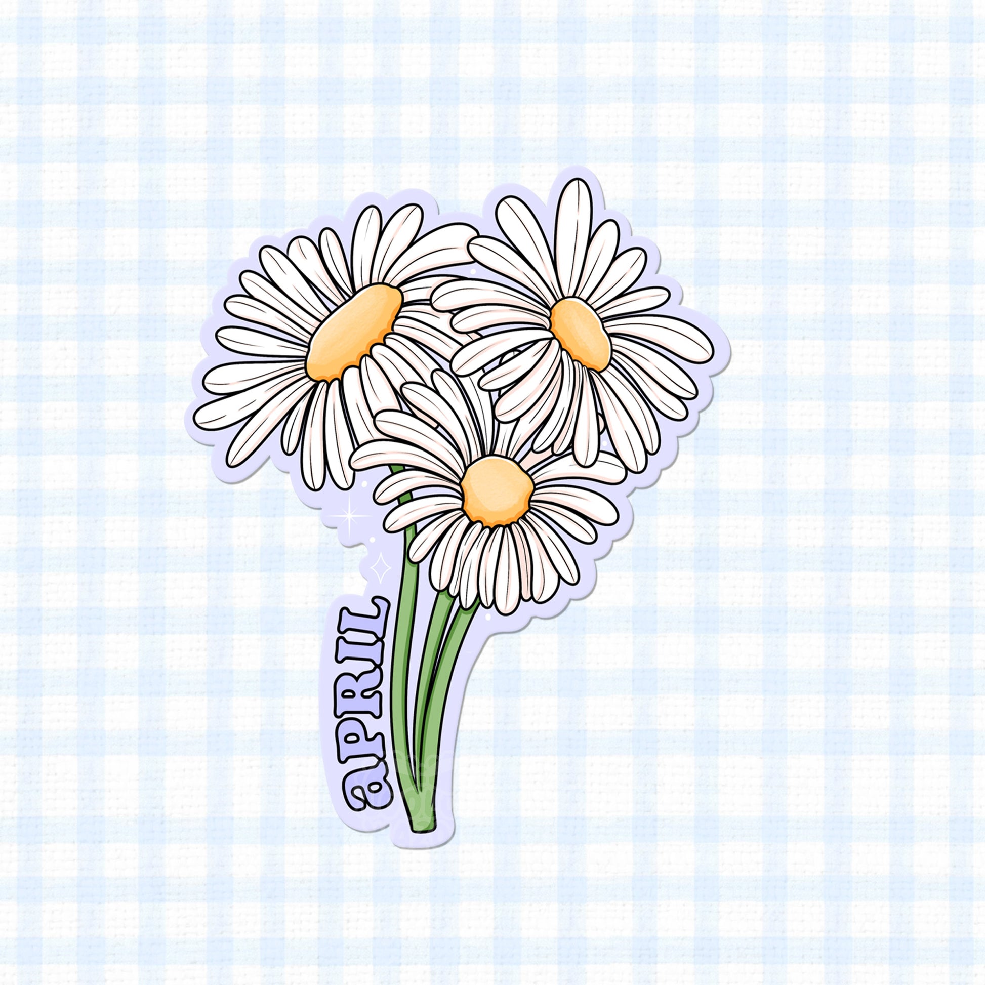 April birth month flower sticker featuring white daisies with 'April' text.