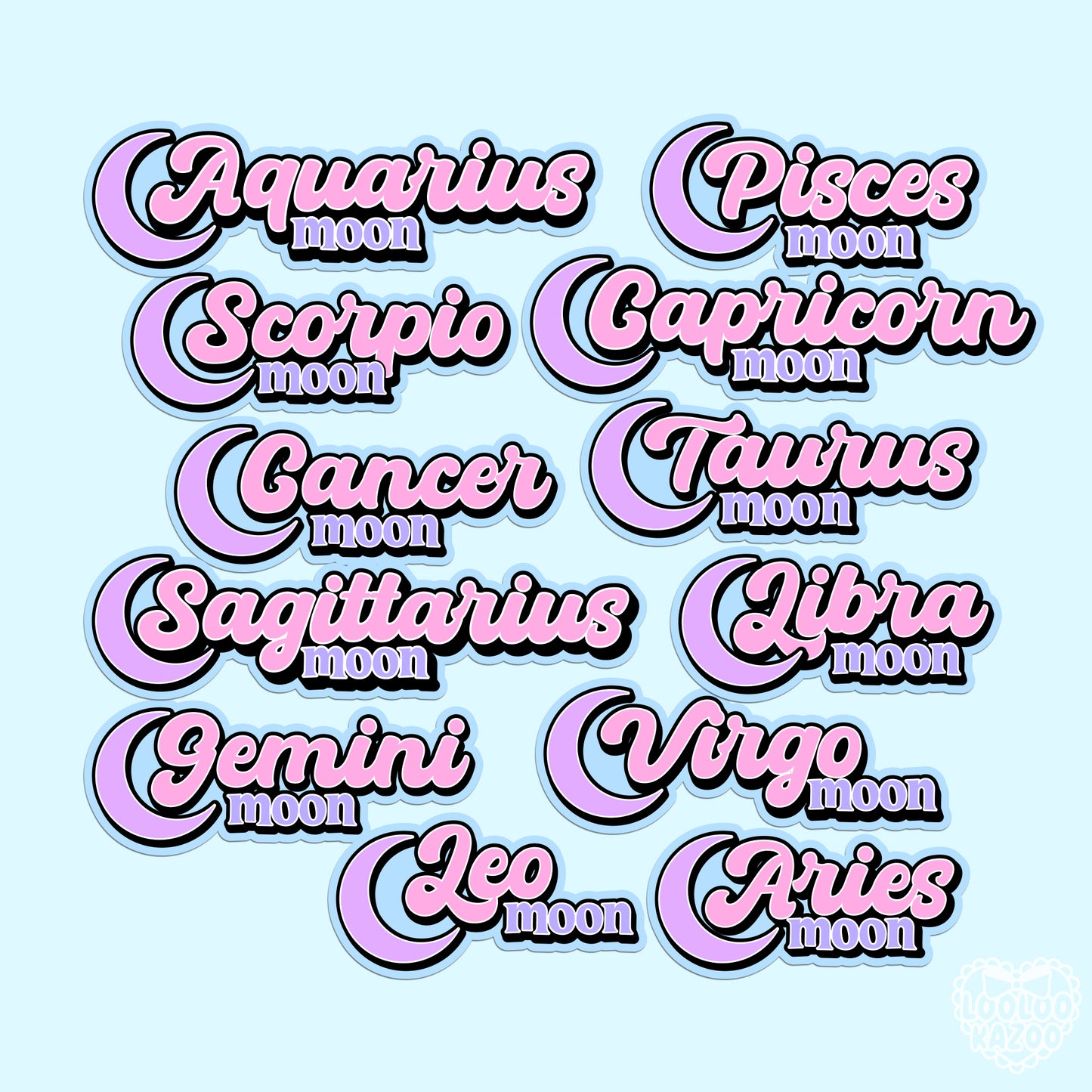 Assortment of moon sign stickers in soft, appealing colors.