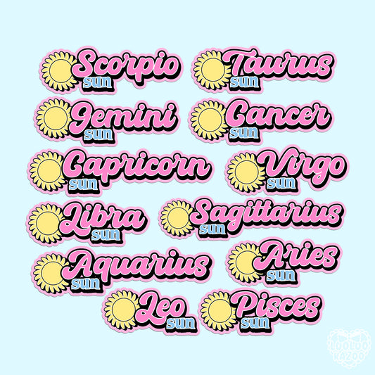 Collection of zodiac sun sign stickers in various vibrant colors.