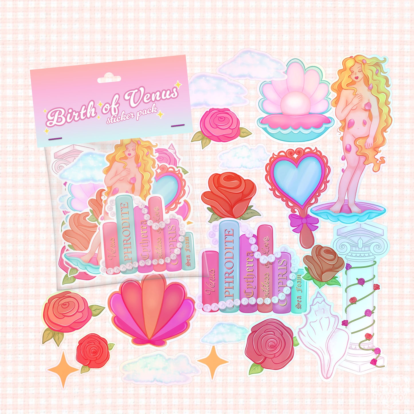 Art-inspired vinyl sticker pack with pastel designs including Venus, roses, and classical columns.