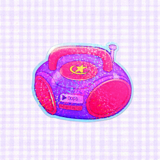 Colorful holographic vinyl sticker of a retro boombox, designed with vibrant purples and pinks, ideal for those looking to add a touch of 90s nostalgia to their gear.