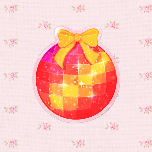 Colorful holographic vinyl sticker featuring a retro disco ball with a yellow bow, perfect for adding a nostalgic touch to personal items and embracing the vintage disco era.