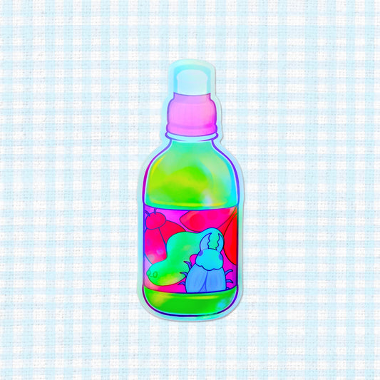 Vibrant holographic vinyl sticker of a '90s Bug Juice bottle, bringing a splash of nostalgia and playful color, perfect for personalizing everyday items.