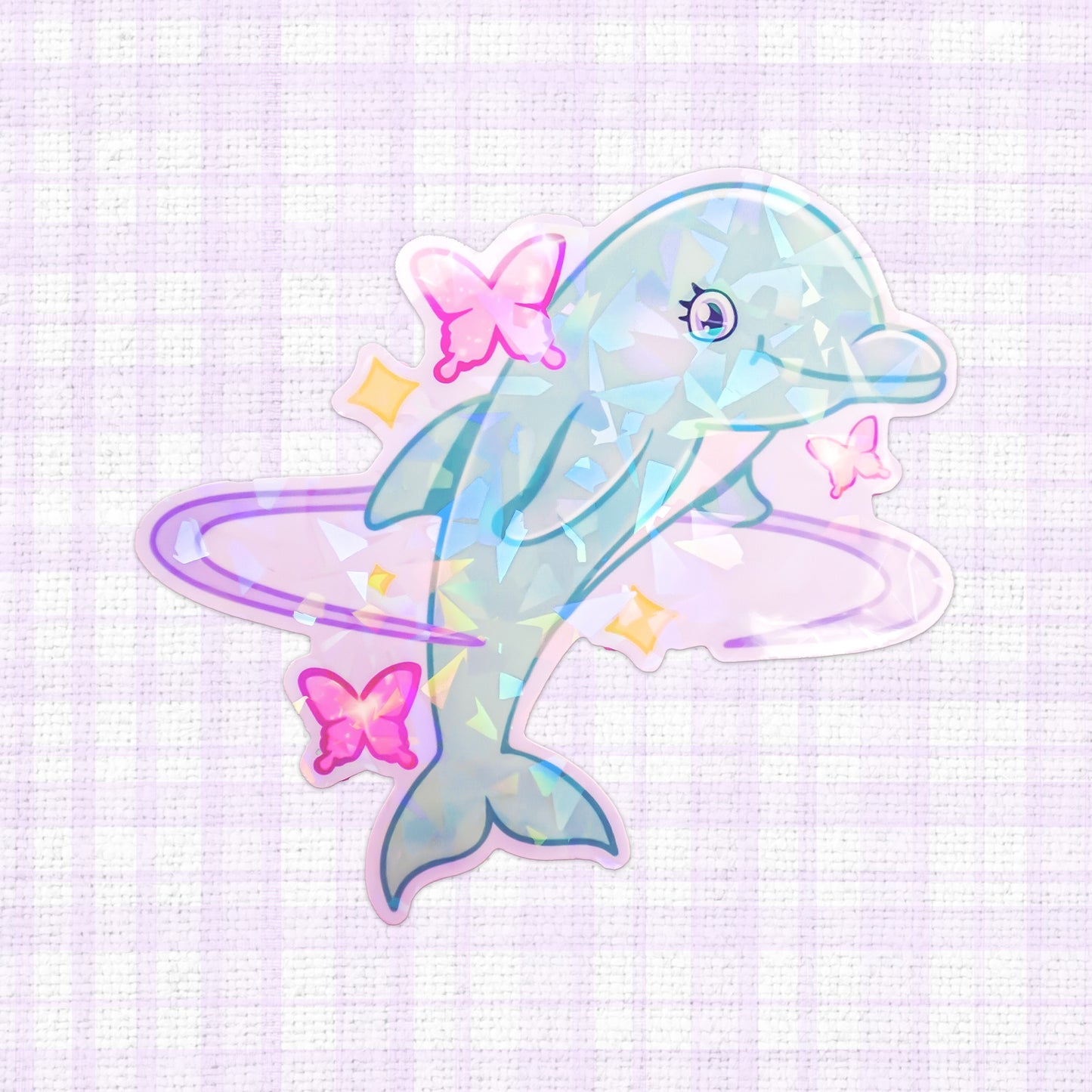 Holographic vinyl sticker of a dolphin surrounded by colorful butterflies, perfect for adding a touch of whimsy to any surface.