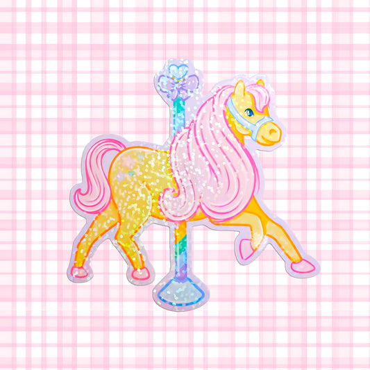 Cute holographic carousel horse vinyl sticker with kawaii design, waterproof and ideal for laptops, water bottles, journals, and planners.