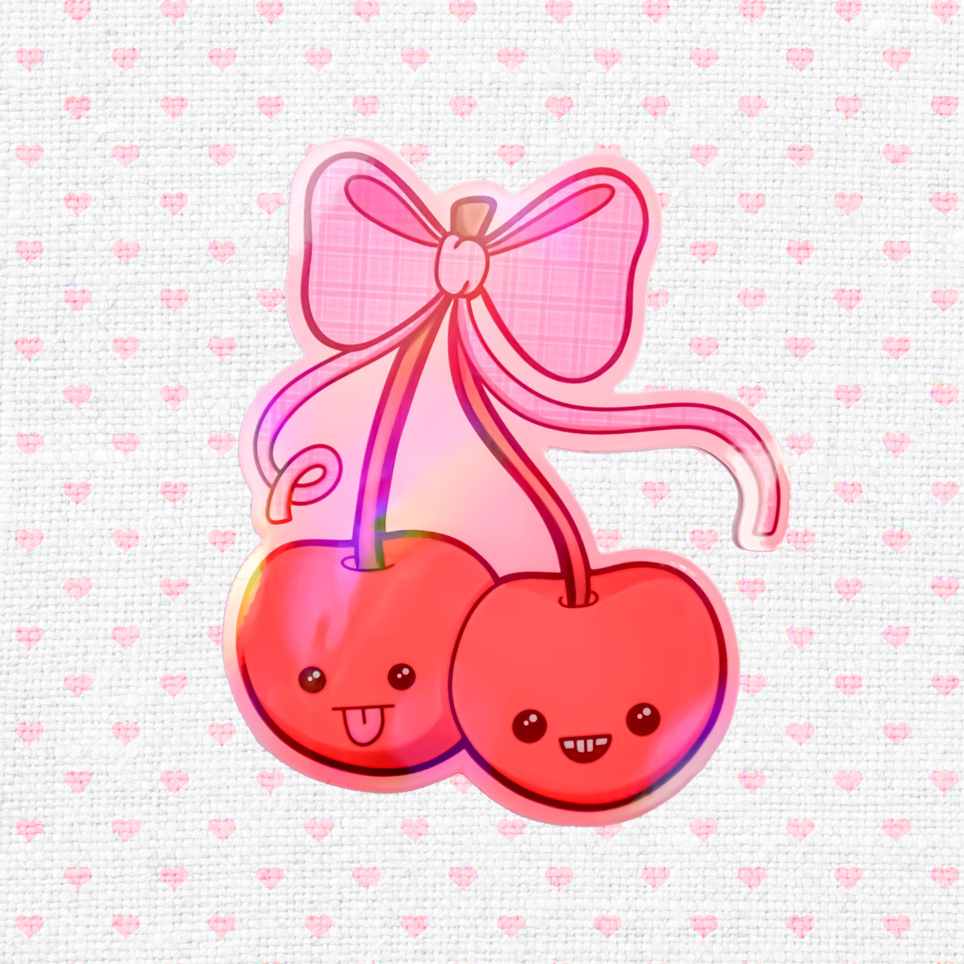 Holographic vinyl sticker featuring two kawaii cherries, perfect for decorating laptops, water bottles, and journals