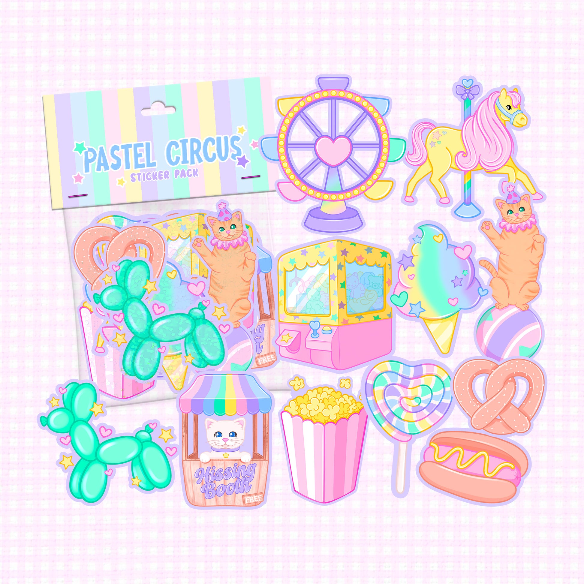 Colorful circus-themed sticker pack with pastel horses, popcorn, and carnival games.