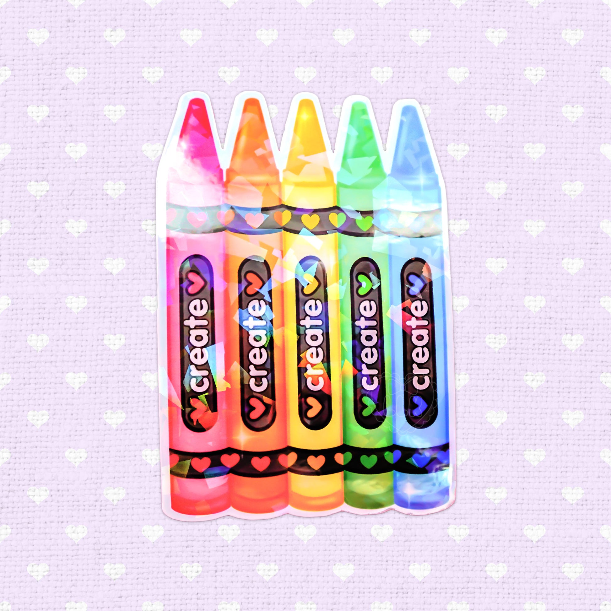 Colorful holographic vinyl sticker of crayons with the word 'Create', perfect for adding a vibrant touch to creative spaces.