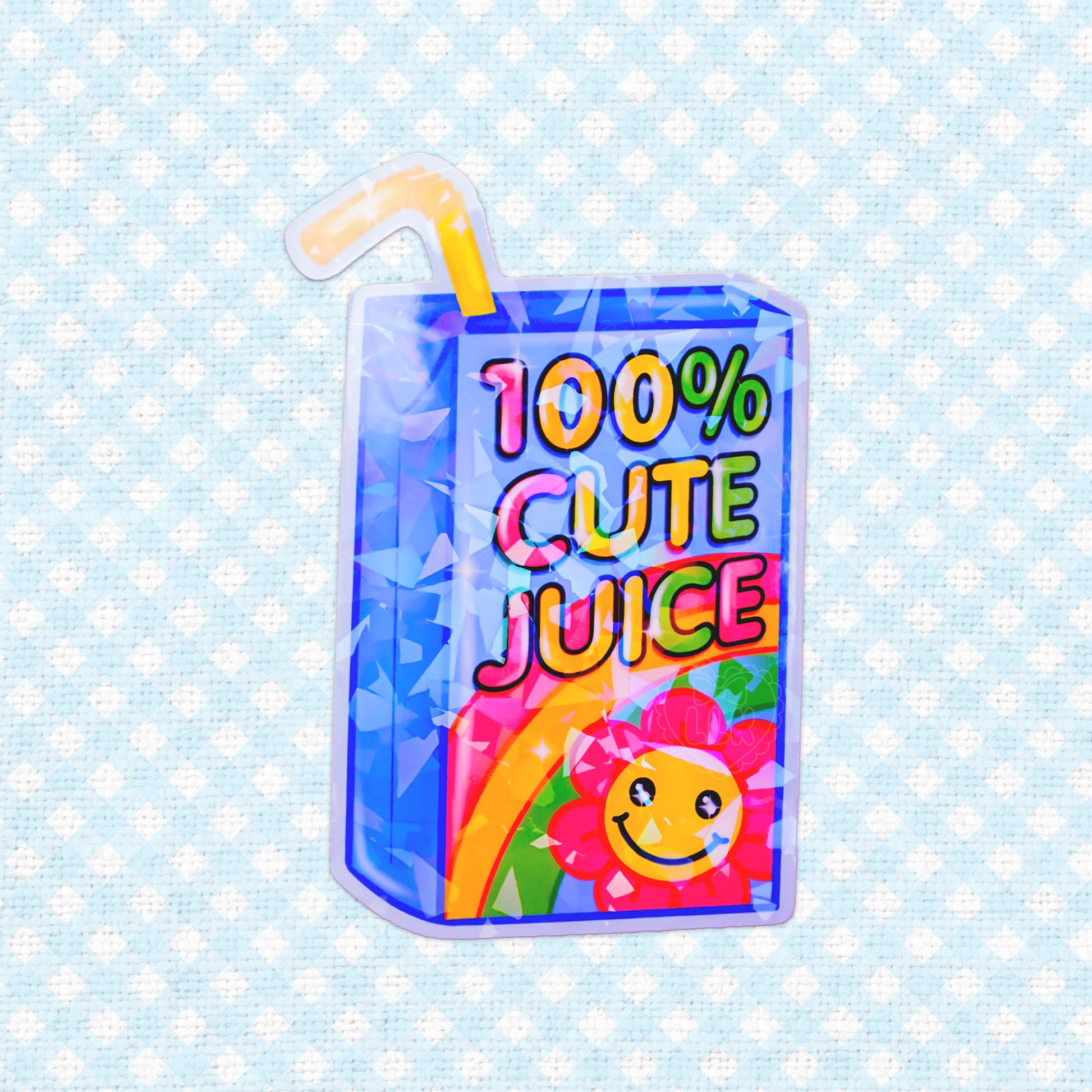 Holographic juice box vinyl sticker in kawaii and kidcore style, waterproof and ideal for laptops, water bottles, journals, and planners