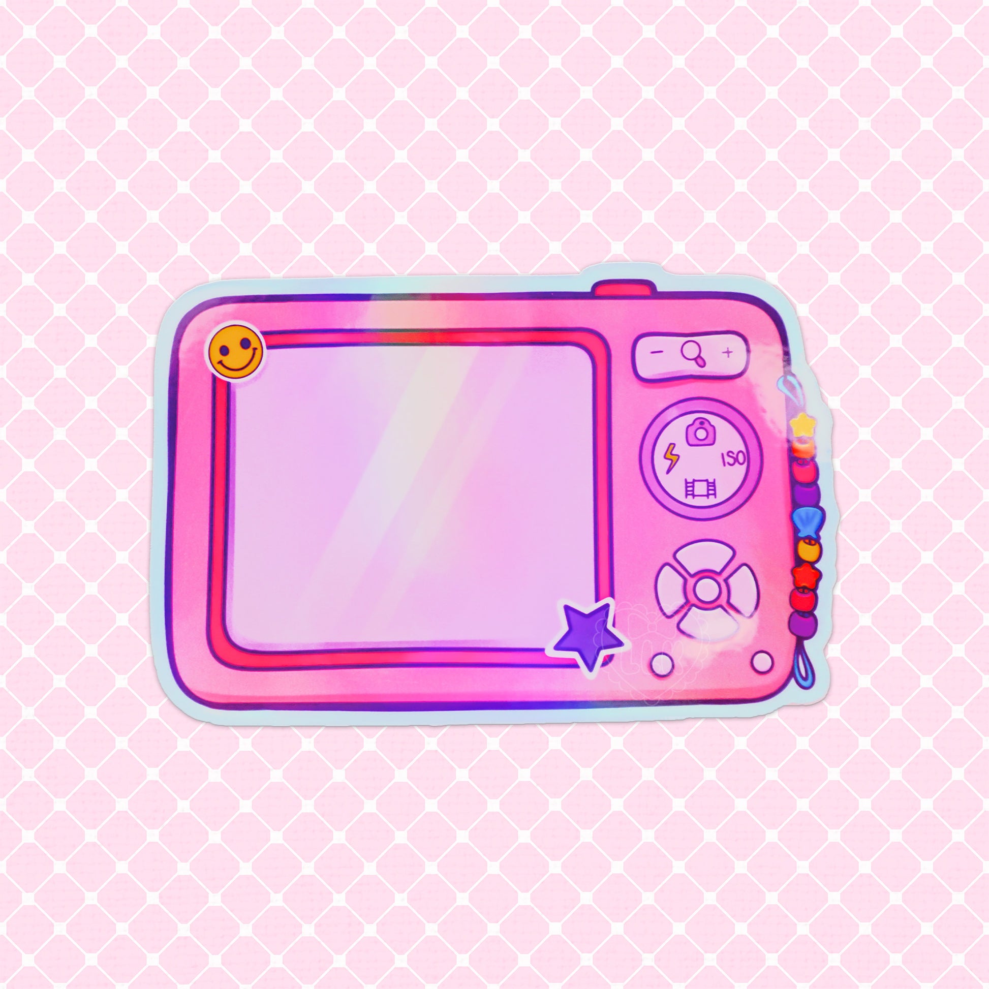 Holographic vinyl sticker of a retro digital camera with a beaded strap and smiley face detail, perfect for fans of 2000s aesthetics.