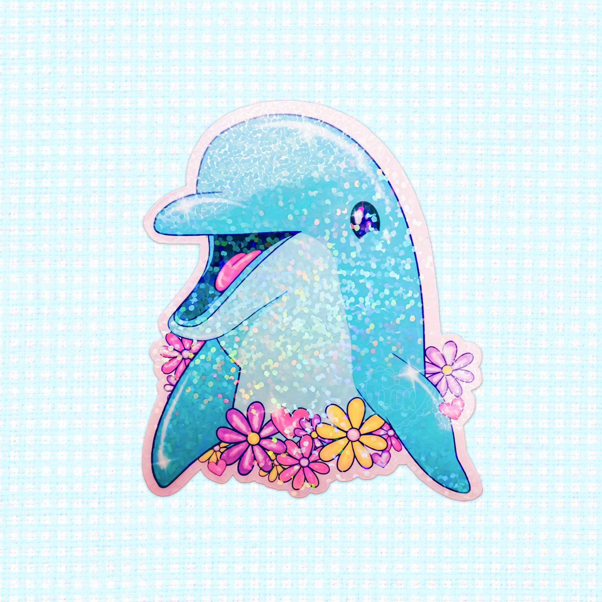 Colorful vinyl sticker of a dolphin adorned with vibrant flowers, featuring a holographic finish that reflects the joy of the ocean.