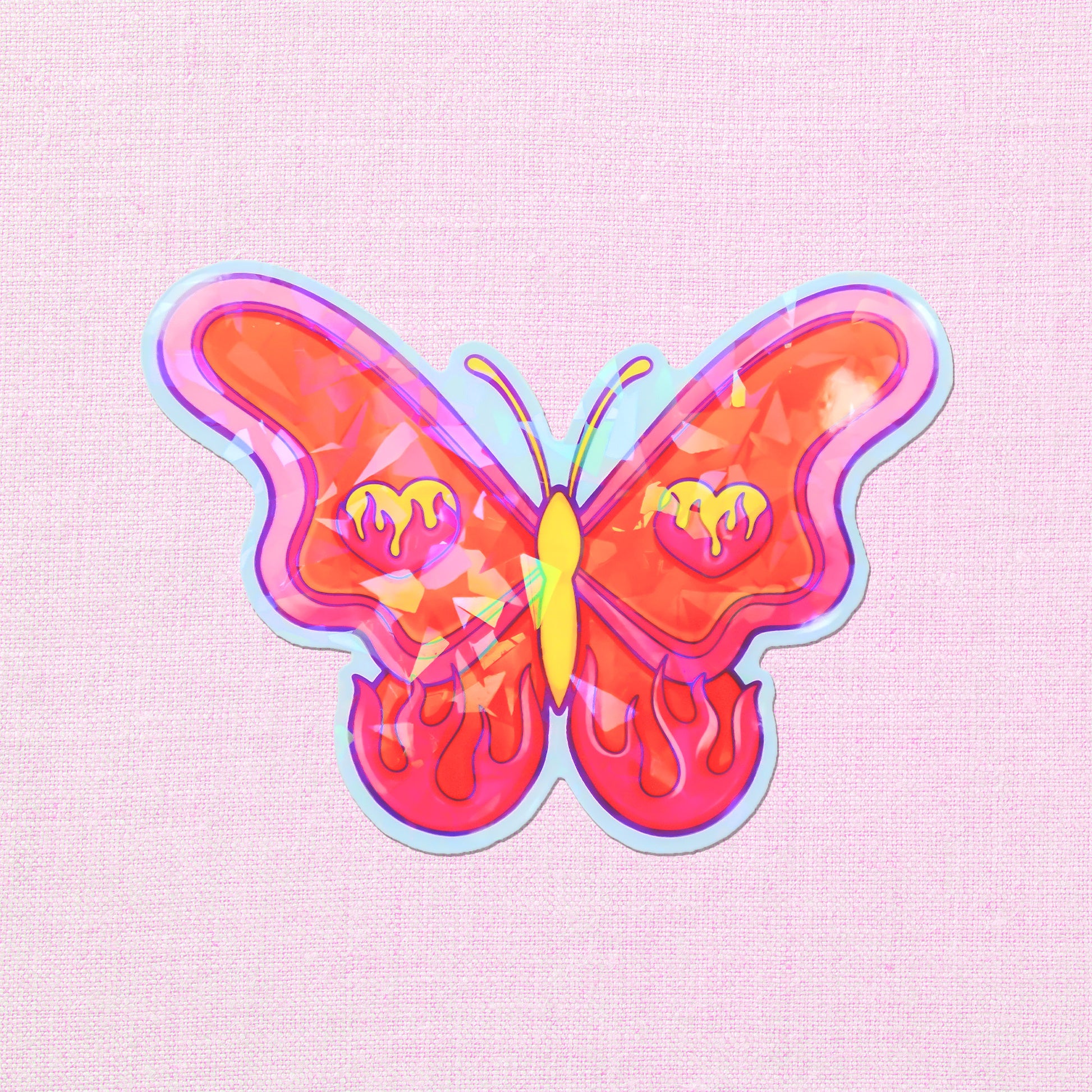 Vibrant vinyl butterfly sticker with a fiery gradient and sparkling effects.