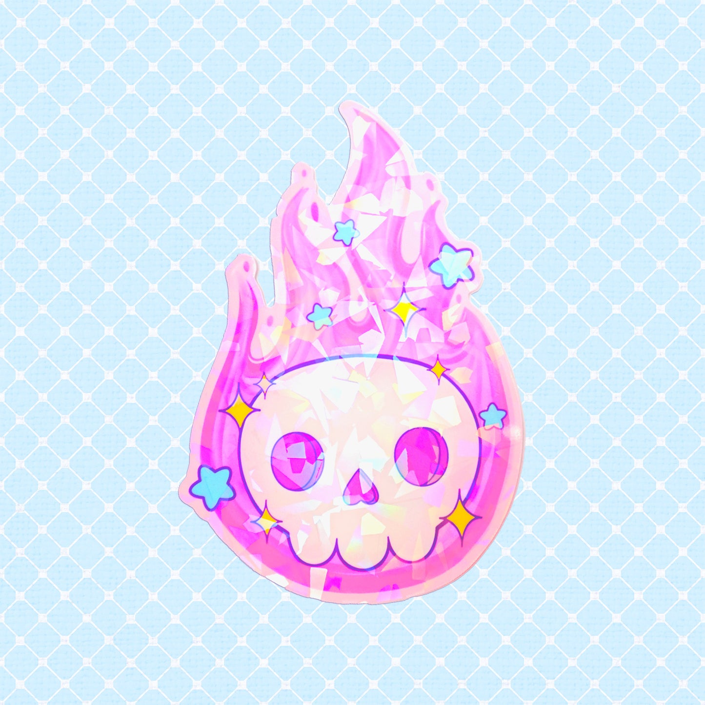  Colorful vinyl skull sticker engulfed in pink and orange flames with star embellishments.