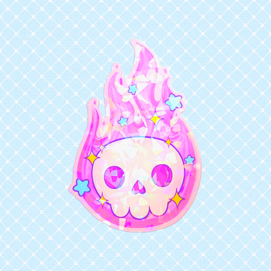  Colorful vinyl skull sticker engulfed in pink and orange flames with star embellishments.