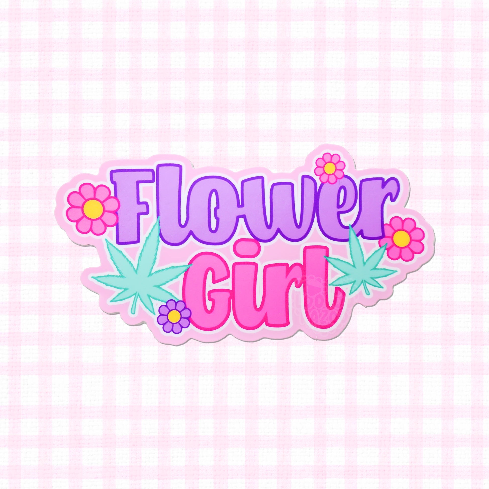 Matte vinyl sticker labeled 'Flower Girl' with colorful flowers and a prominent cannabis leaf.