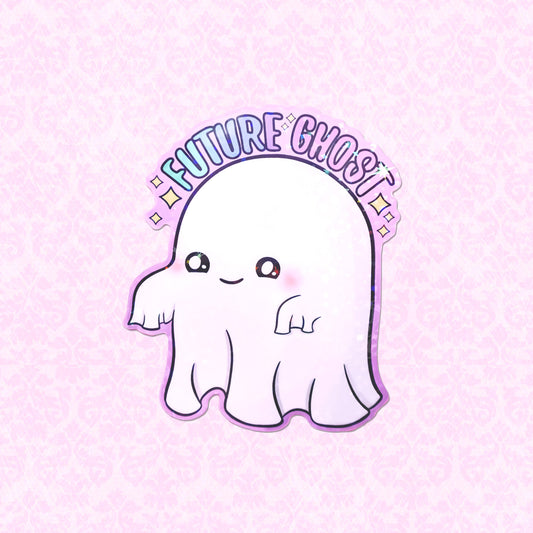 Cute holographic vinyl sticker of a smiling ghost with future ghost text above.