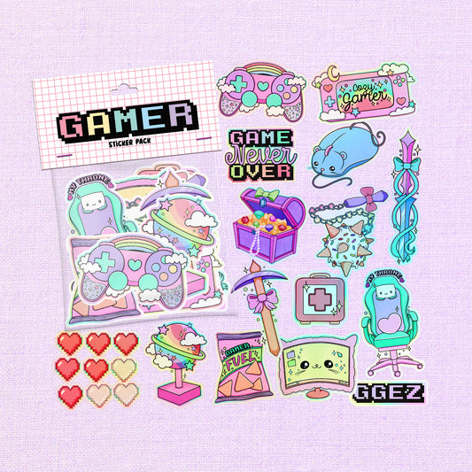 Gamer-themed vinyl sticker pack with colorful, cute gaming consoles and character stickers.