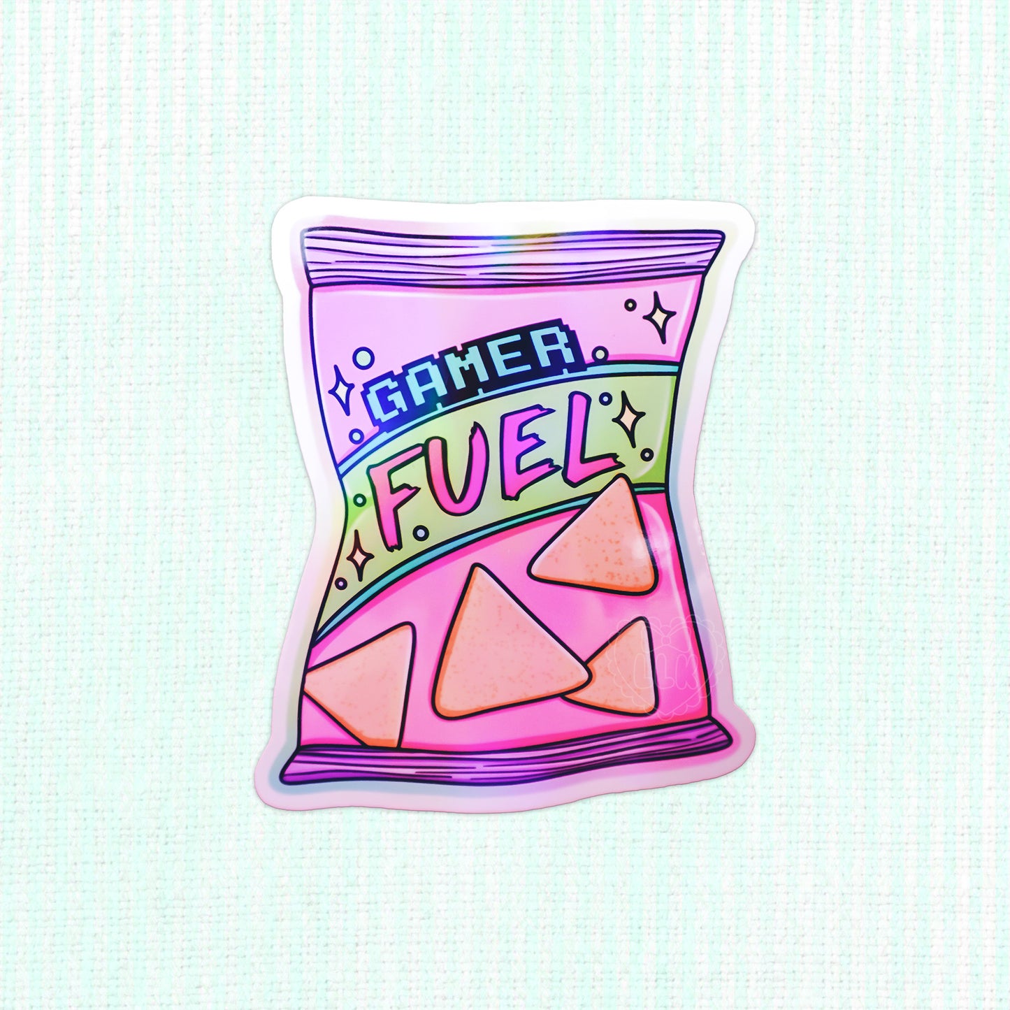 Holographic vinyl sticker shaped like a bag of chips with gamer fuel written on it.