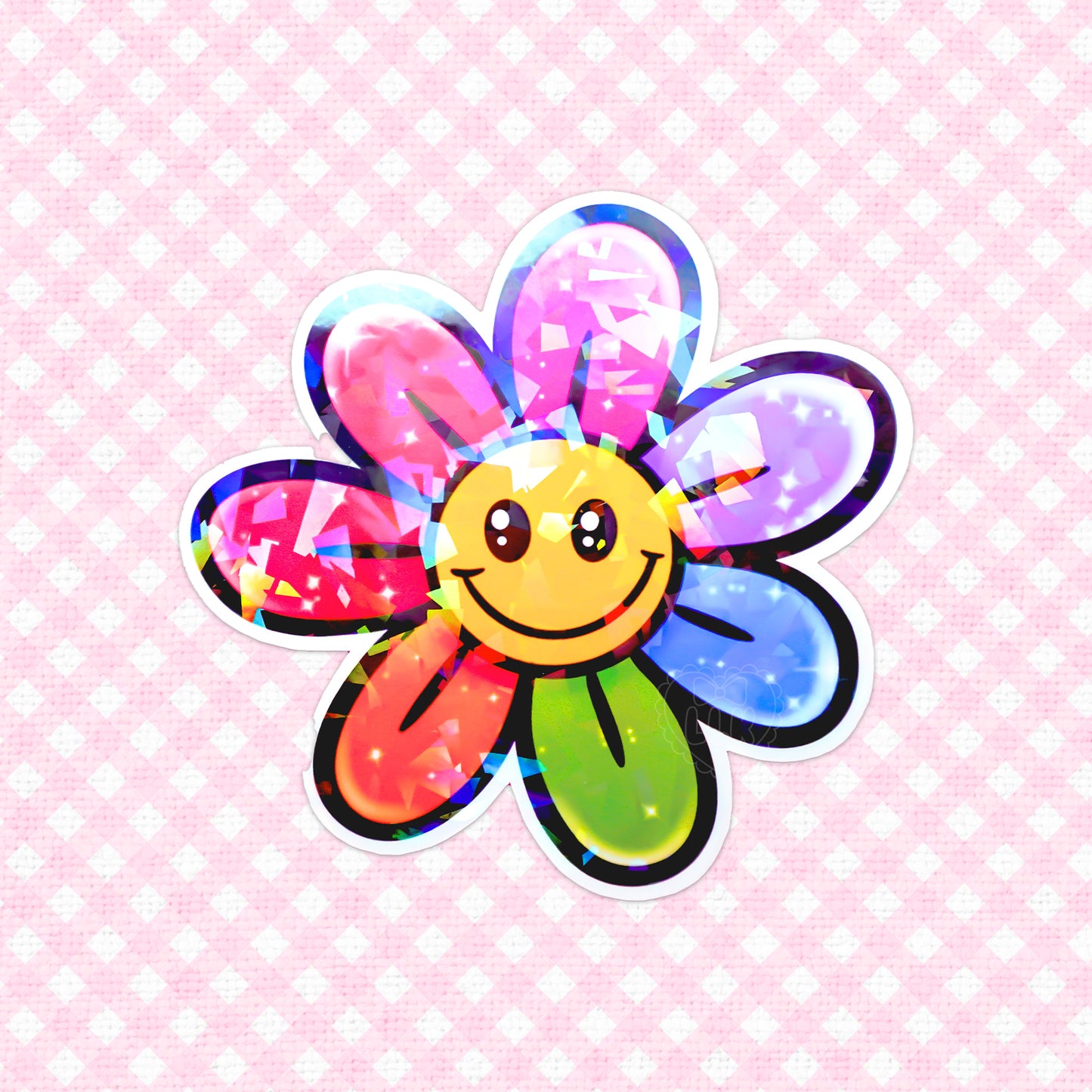 Holographic vinyl sticker of a smiling daisy flower with colorful petals.
Heart Bong Holographic Vinyl Sticker